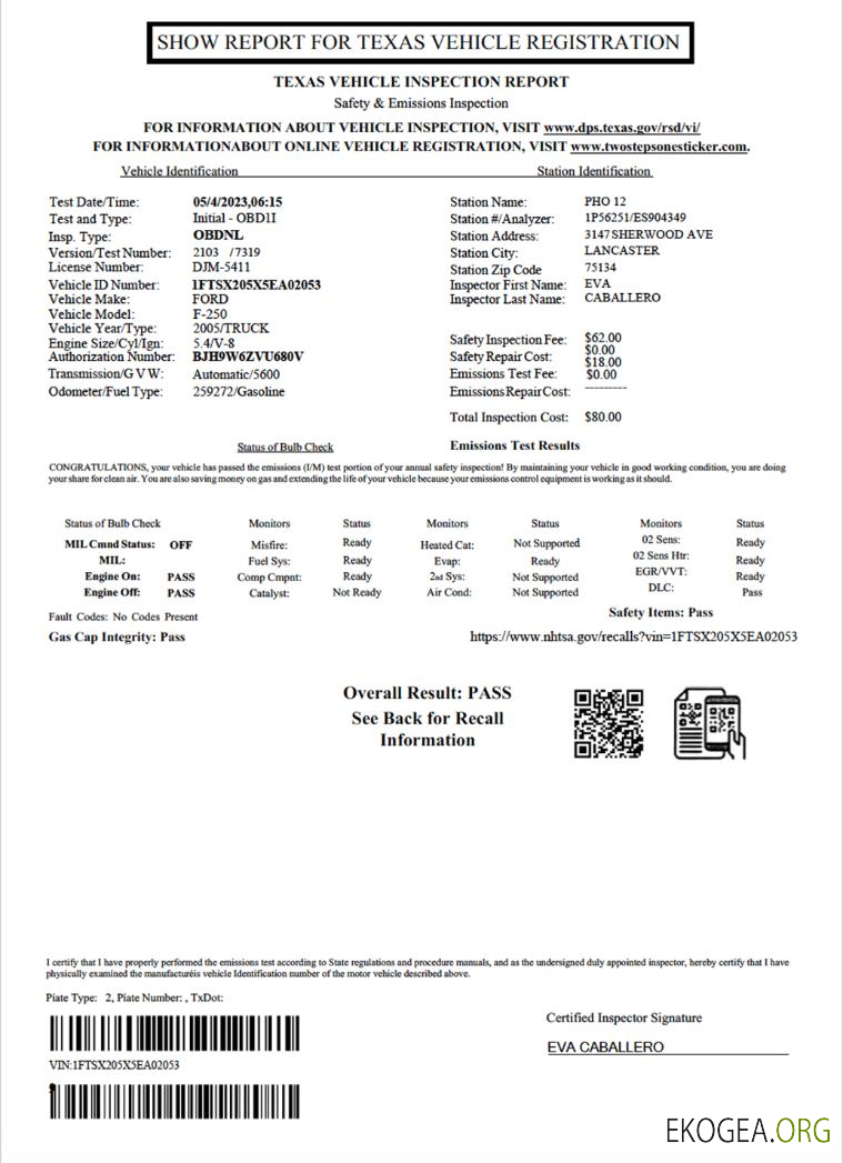 Rapport d'inspection des véhicules aux États Unis, au Texas